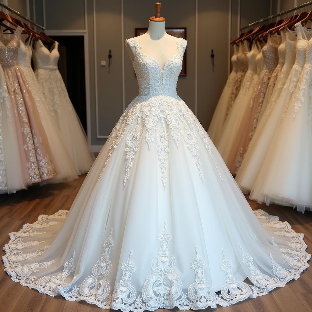 Mẫu váy cưới lộng lẫy và tinh tế tại Linh Nga Bridal 95 Nguyễn Thị Minh Khai Quận 1, thể hiện đẳng cấp và sự khéo léo trong thiết kế.